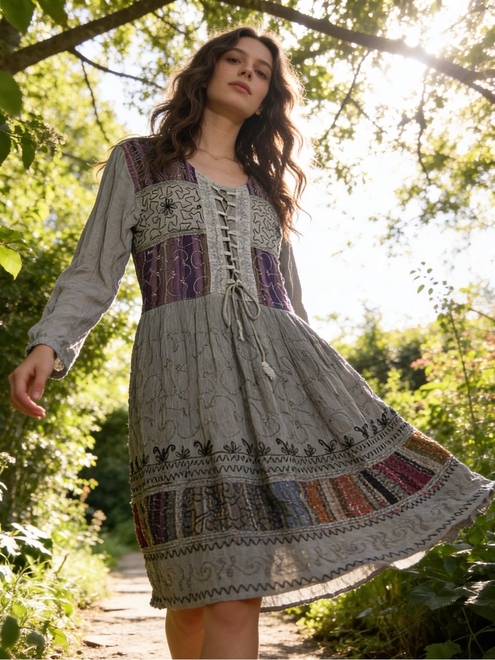 Tea Green Stonewashed Viscose Embroidered Dress MADE IN INDIA
